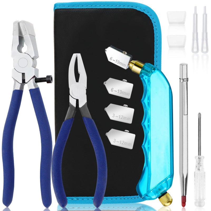 YOTINO Glass Cutting Tool Kit Includes Blue Grip Oil Feed Glass Cutter with 2 pliers, 3 Extra Replacement Head, Tungsten Scribe Engraving Pen, Screwdriver and Oil Dropper - Image 1